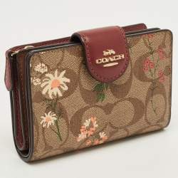Pre Owned Coach Beige/Red Signature Coated Canvas and Leather Floral Corner Zip Compact Wallet