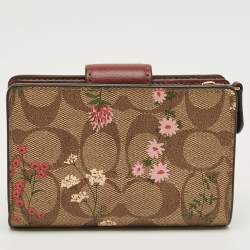 Pre Owned Coach Beige/Red Signature Coated Canvas and Leather Floral Corner Zip Compact Wallet