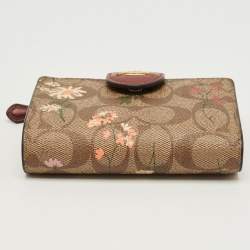 Pre Owned Coach Beige/Red Signature Coated Canvas and Leather Floral Corner Zip Compact Wallet
