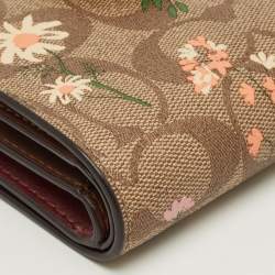 Pre Owned Coach Beige/Red Signature Coated Canvas and Leather Floral Corner Zip Compact Wallet