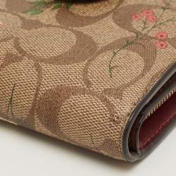 Pre Owned Coach Beige/Red Signature Coated Canvas and Leather Floral Corner Zip Compact Wallet