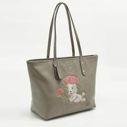 Pre Owned Coach x Gary Baseman Beige Leather Lou City Zip Tote