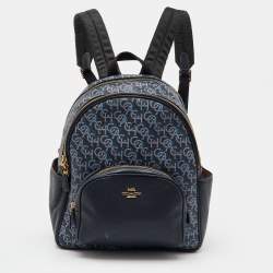 Pre Owned Coach Navy Blue Monogram Print Coated Canvas and Leather Court Backpack