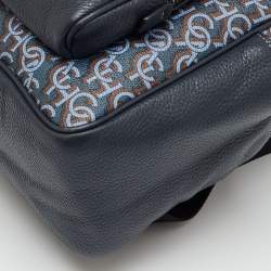 Pre Owned Coach Navy Blue Monogram Print Coated Canvas and Leather Court Backpack
