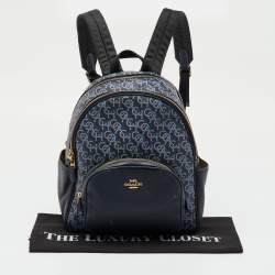 Pre Owned Coach Navy Blue Monogram Print Coated Canvas and Leather Court Backpack