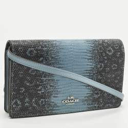Pre Owned Coach Hayden Blue/Black Lizard Embossed Leather Wallet On Strap