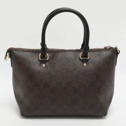 Pre Owned Coach Emma Mini Brown/Black Signature Coated Canvas and Leather Satchel