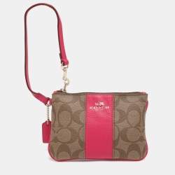 Pre Owned Coach Pink/Beige Coated Canvas and Leather Wristlet