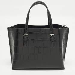 Pre Owned Coach Mollie 25 Black Croc Embossed Leather Tote