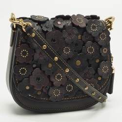 Pre Owned حقيبة كروس كتف كوتش جور معتق أزهار جلد أسود/برغندي