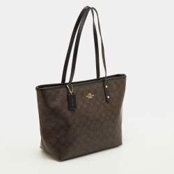 Pre Owned Coach City Zip Dark Brown/Black Signature Coated Canvas and Leather Tote