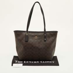 Pre Owned Coach City Zip Dark Brown/Black Signature Coated Canvas and Leather Tote