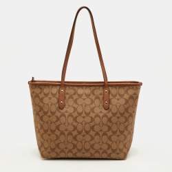 Pre Owned Coach City Zip Beige/Brown Signature Coated Canvas and Leather Tote