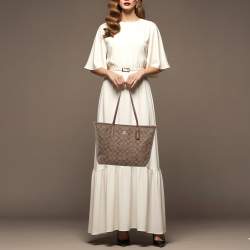 Pre Owned Coach City Zip Beige/Brown Signature Coated Canvas and Leather Tote