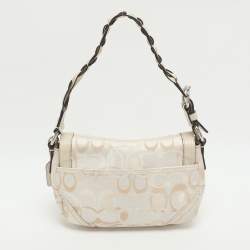 Pre Owned حقيبة كتف كوتش كانفاس مطبوع شعار الماركة بيج/كريمي وجلد