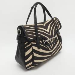 Pre Owned Coach Taylor Black/Light Beige Zebra Print Canvas Satchel