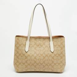 Pre Owned Coach Avenue Beige/White Signature Coated Canvas Tote
