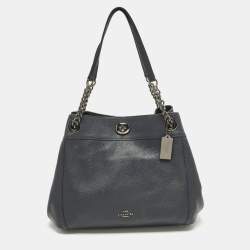 Pre Owned Coach Turnlock Edie Navy Blue Leather Shoulder Bag