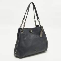 Pre Owned Coach Turnlock Edie Navy Blue Leather Shoulder Bag