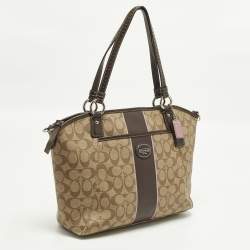 Pre Owned Coach Front Pocket Beige/Brown Signature Coated Canvas Leather Satchel