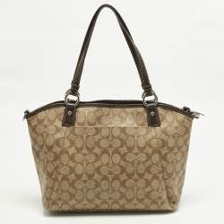 Pre Owned Coach Front Pocket Beige/Brown Signature Coated Canvas Leather Satchel