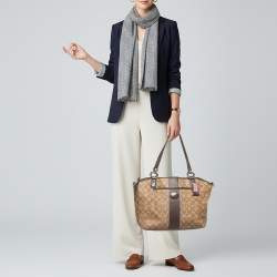 Pre Owned Coach Front Pocket Beige/Brown Signature Coated Canvas Leather Satchel