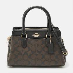 Pre Owned Coach Darci Mini Brown/Black Signature Coated Canvas Carryall Satchel