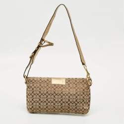 Pre Owned Coach Beige/Gold Signature Canvas and Leather Shoulder Bag