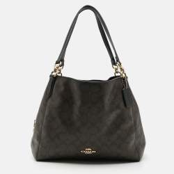 Pre Owned Coach Hallie Brown/Black Signature Coated Canvas and Leather Shoulder Bag