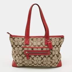 مملوكة مسبقًا Coach Front Zip Red/Beige Signature Canvas and Leather Tote