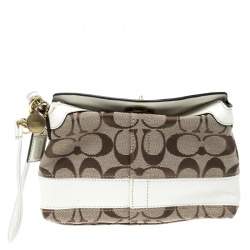 Coach Beige/White Signature Canvas Wristlet Pouch
