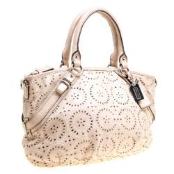 Pre Owned Coach Light Beige Laser Cut Leather Tote