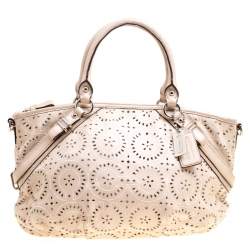 Pre Owned Coach Light Beige Laser Cut Leather Tote