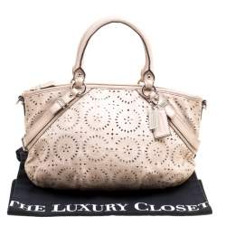 Pre Owned Coach Light Beige Laser Cut Leather Tote