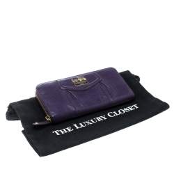 Pre Owned Coach Purple Leather Zip Around Wallet