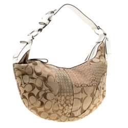 Coach Beige/White Signature Patched Canvas and Snake Skin Hobo