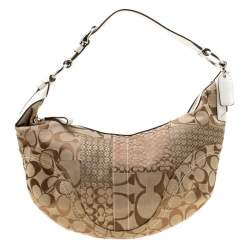 Coach Beige/White Signature Patched Canvas and Snake Skin Hobo