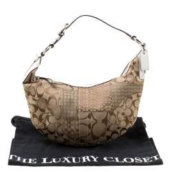 Coach Beige/White Signature Patched Canvas and Snake Skin Hobo