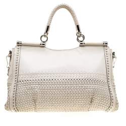 Pre Owned Coach Off-White Woven Leather Caroline Dowel Top Handle Bag