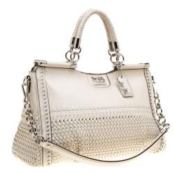 Pre Owned Coach Off-White Woven Leather Caroline Dowel Top Handle Bag