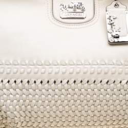 Pre Owned Coach Off-White Woven Leather Caroline Dowel Top Handle Bag