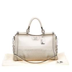 Pre Owned Coach Off-White Woven Leather Caroline Dowel Top Handle Bag