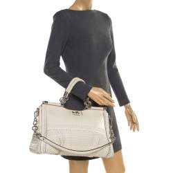 Pre Owned Coach Off-White Woven Leather Caroline Dowel Top Handle Bag