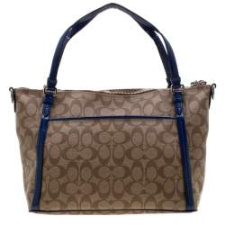 Pre Owned Coach Brown/Blue Signature Coated Canvas and Patent Leather Tote