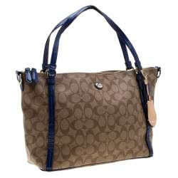 Pre Owned Coach Brown/Blue Signature Coated Canvas and Patent Leather Tote