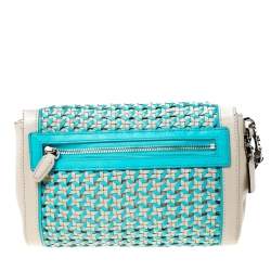 Coach Beige/Blue Caning Leather Flap Wristlet Clutch