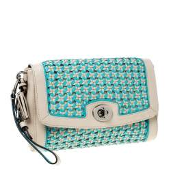 Coach Beige/Blue Caning Leather Flap Wristlet Clutch