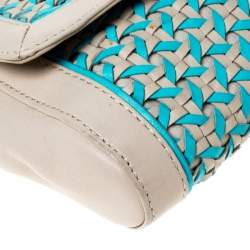 Coach Beige/Blue Caning Leather Flap Wristlet Clutch