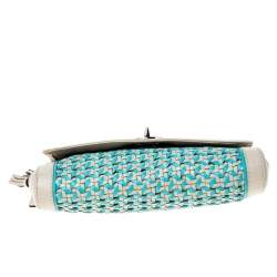 Coach Beige/Blue Caning Leather Flap Wristlet Clutch