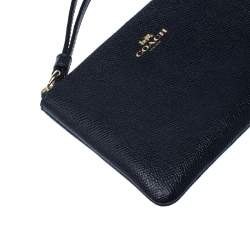 Pre Owned Coach Navy Blue Leather Zip Wristlet Pouch
